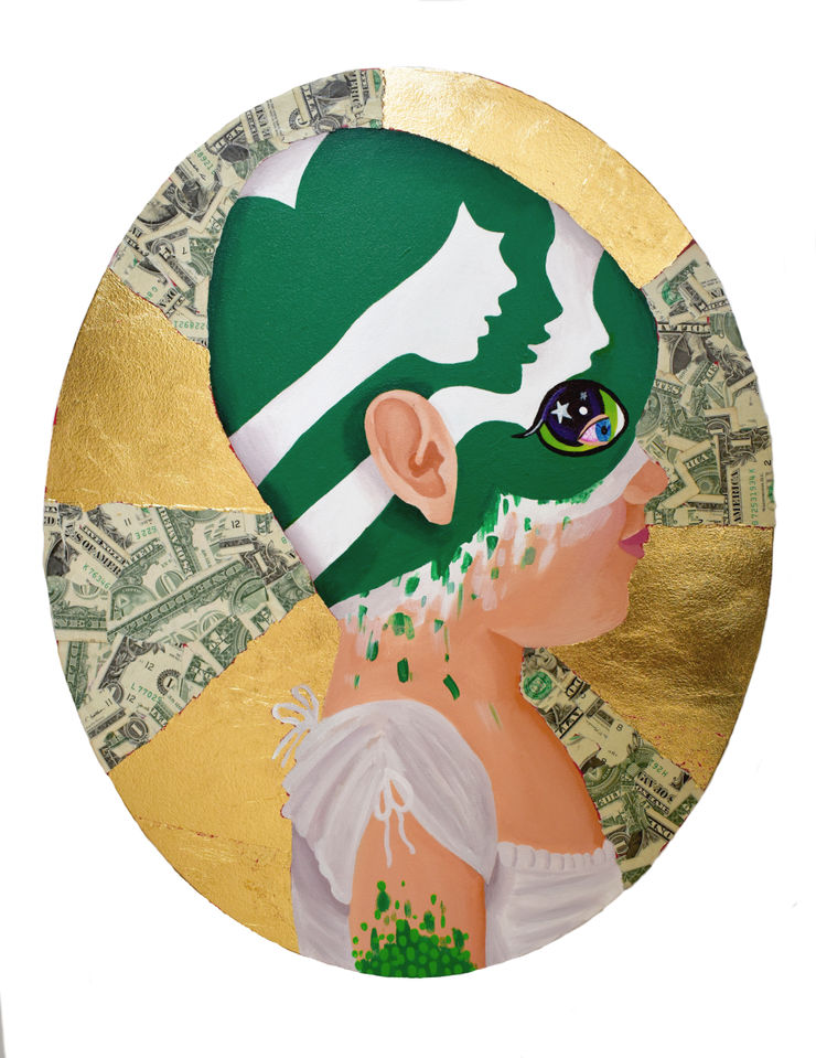 Bailey Scieszka Painted Girl Scout Youth, 2019 Acrylic, gold leaf, and American dollar bills on linen 50.8 x 40.6 x 3.8 cm 20 x 16 x 1 1/2 in