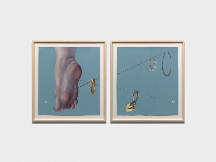 Sarah Slappey Stuck II, 2022 Oil and acrylic on paper Diptych, each 45.7 x 50.8 cm 18 x 20 in With Frame 59.9 x 54.8 x 2.9 cm
