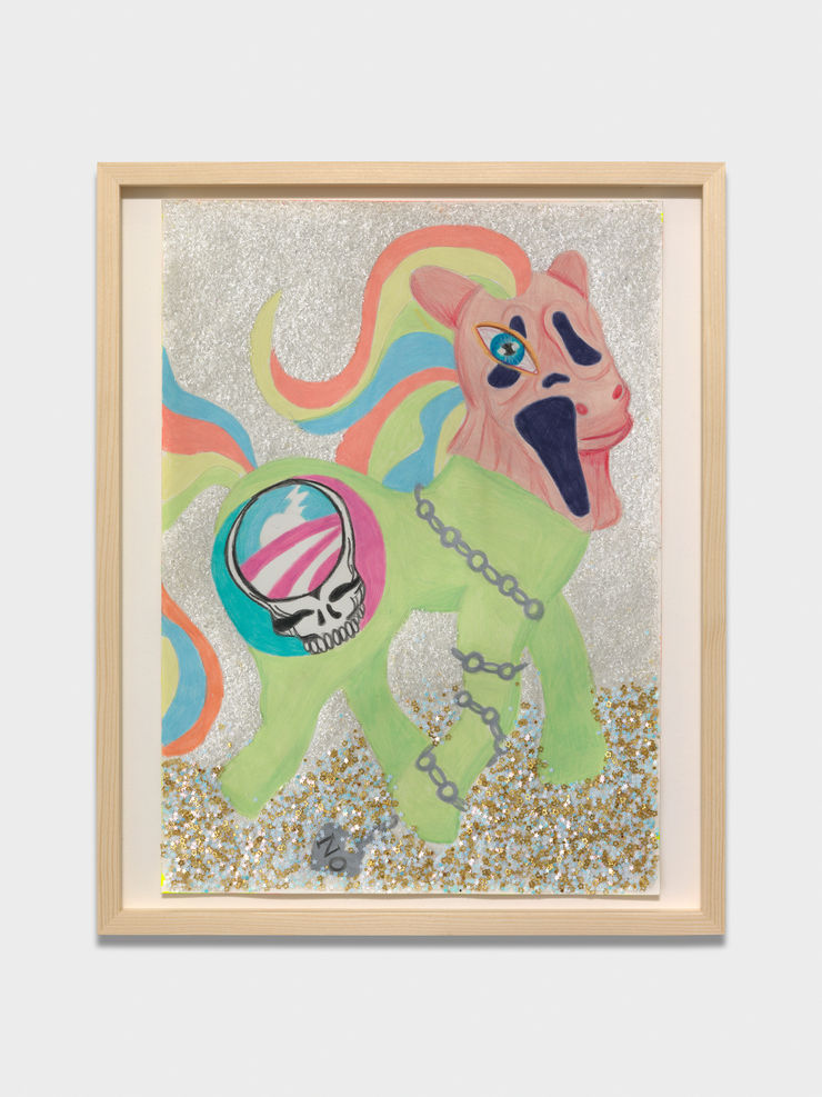 Bailey Scieszka Ashamed Girls Pony, 2021 Colored pencil, acrylic paint, Elmer's glue, Modge Podge, and glitter on paper 35.6 x 25.4 cm 14 x 10 in