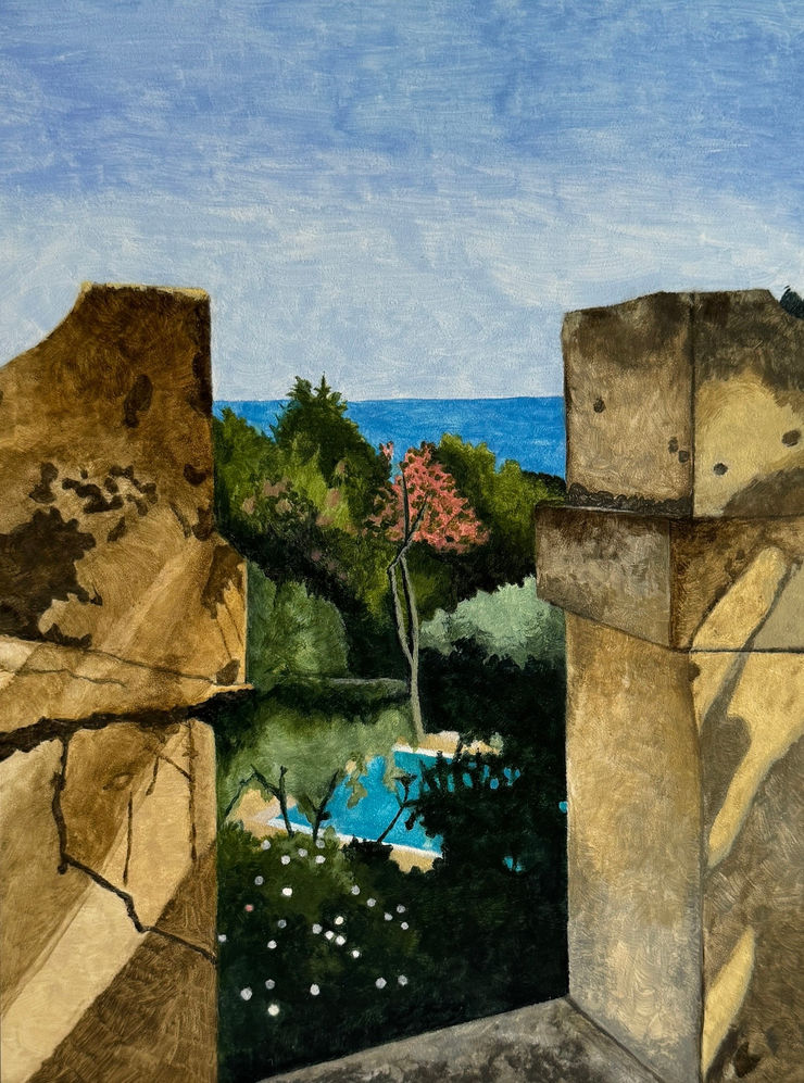 Chantel de Latour, Swimming pool with pink flowering tree, 2024