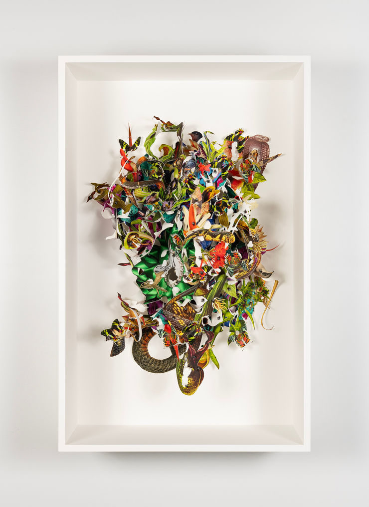 Ebony G. Patterson Studies for a vocabulary of loss XIV, 2024 digital print on archival watercolor paper, and construction paper with plastic flies, roaches, and memorial rosette with the word "could" 47 1/2 x 30 1/2 x 12 in (framed) 120.7 x 77.5 x 30.5 cm