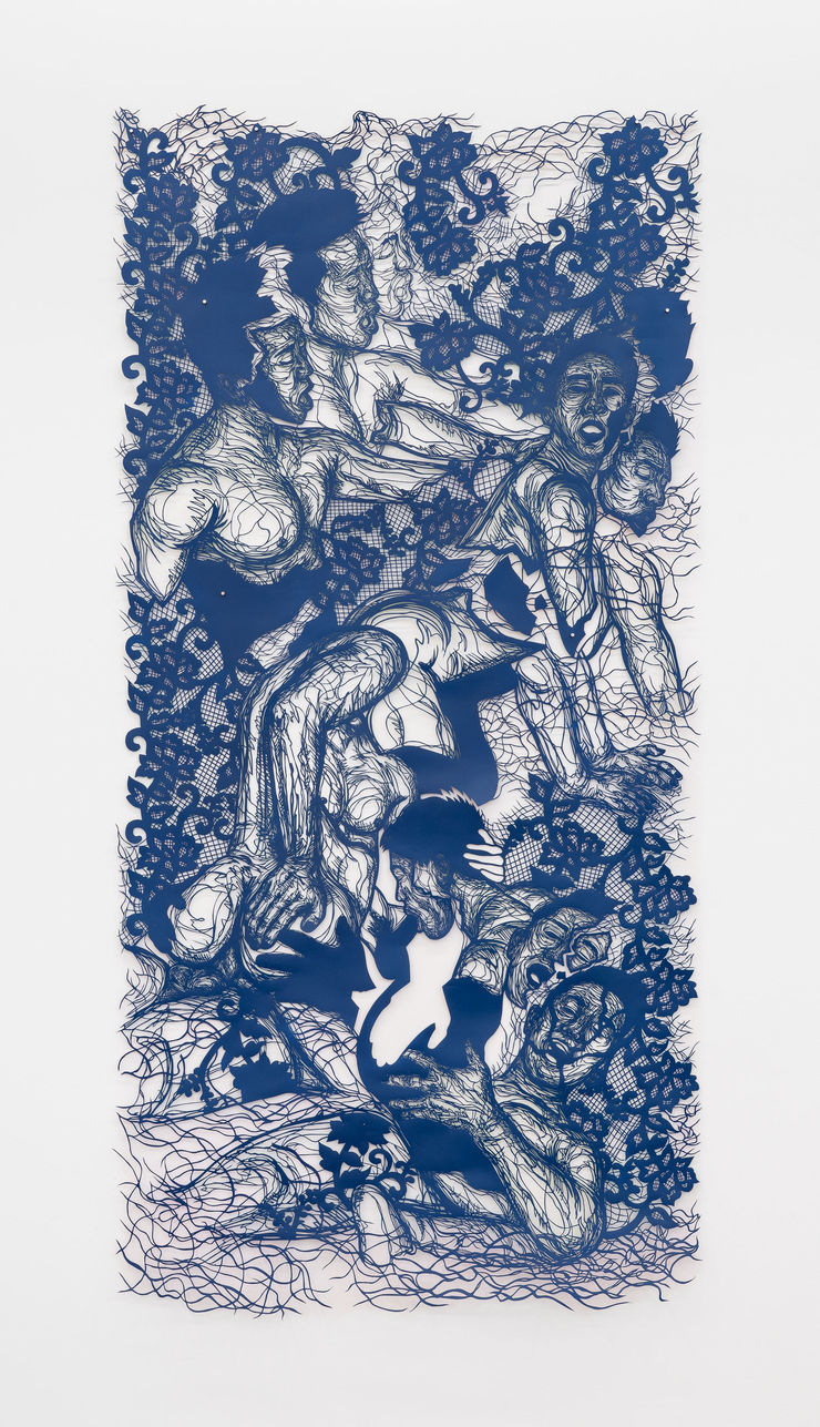 Antonius-Tín Bui Body called itself Master. Body named itself Free. Body bought its own freedom. Body sold itself to the top. Body broken glass all by itself. Body spills all the light. Body all the light. Body only dark when it wants to be., 2023 hand cut paper, ink, and paint 80 x 42 in (unframed) 203.2 x 106.7 cm