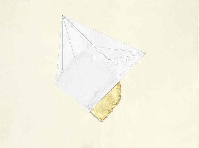 Karen Reimer Geometry in Outer Space or Heaven #18, 2015 Collaged paper, graphite, fabric, gold leaf 30 3/8 x 41 7/8 in. 77.15 x 106.36 cm