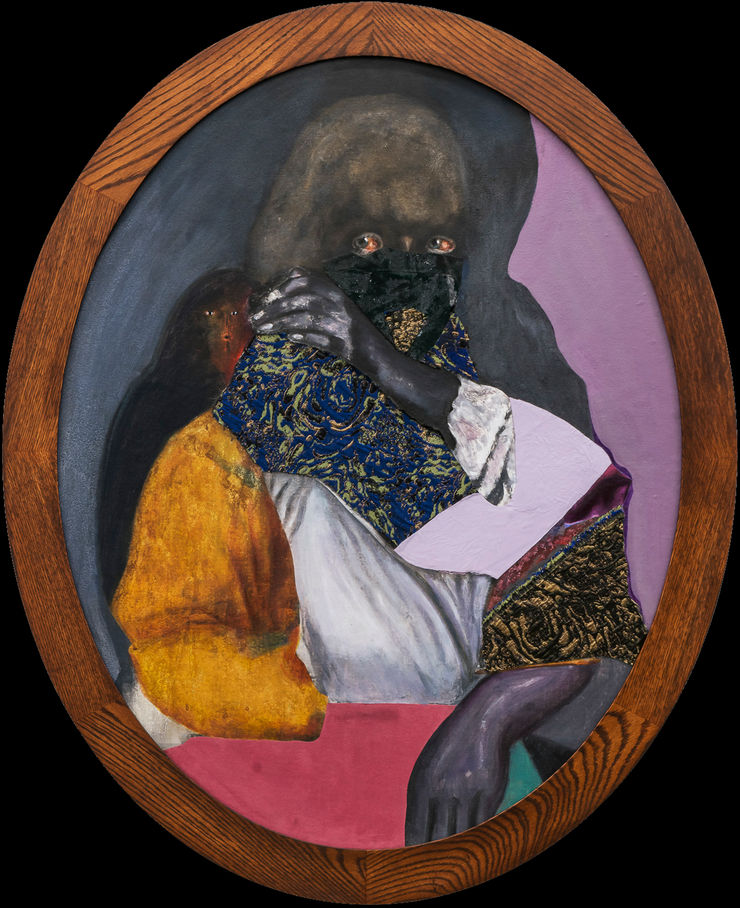 David Shrobe Trickster Whom We Must Become, 2021 Oil, acrylic, ink, charcoal, faux suede, leather, suede, silk on canvas mounted on board in artist frame 37 x 30 x 1 in 94 x 76.2 x 2.5 cm