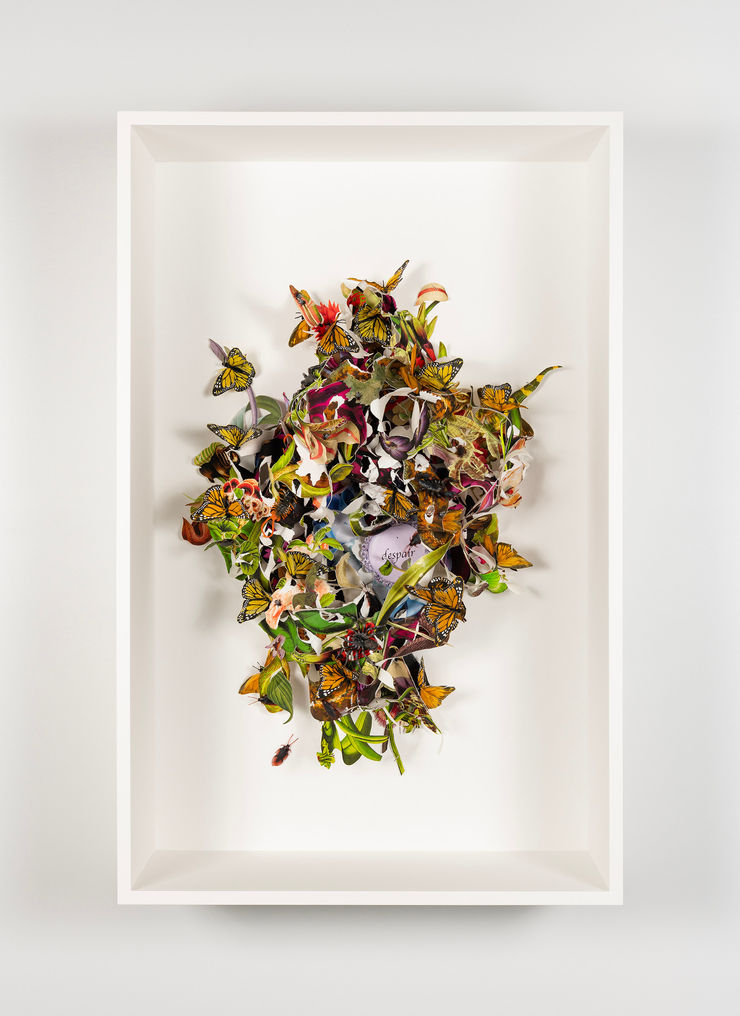 Ebony G. Patterson Studies for a vocabulary of loss XI, 2024 digital print on archival watercolor paper, and construction paper with feather butterflies, plastic spiders, and memorial rosette with the word "despair" 47 1/2 x 30 1/2 x 12 in (framed) 120.7 x 77.5 x 30.5 cm