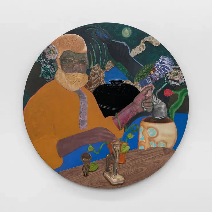 David Shrobe Repot, 2023 oil, acrylic, charcoal, canvas, flocking, silk, leather, suede, faux leaves, linen photo print, and laminate on wood table top 44 x 44 in 111.8 x 111.8 cm