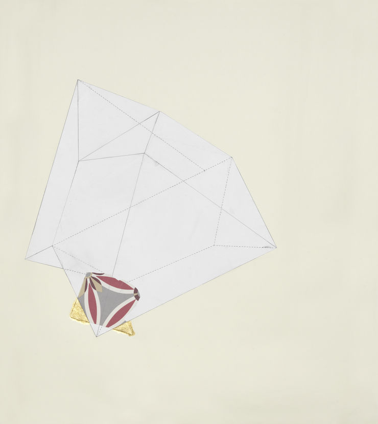 Karen Reimer Geometry in Outer Space or Heaven #23, 2015 Collaged paper, graphite, fabric, gold leaf 41 7/8 x 37 3/4 in. 106.36 x 95.89 cm