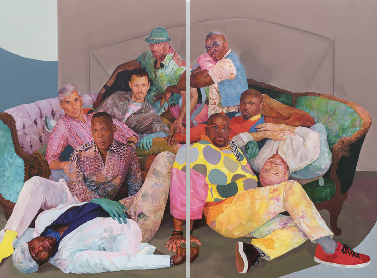 David Antonio Cruz canyoustaywithmetonight_causeyouarehere,youarehere,andweareherewithyou, 2021 Oil and latex on wood panel 72 x 98 in (total w/ spacing) 182.9 x 248.9 cm 72 x 48 in. (each panel) 182.9 x 121.9 cm.