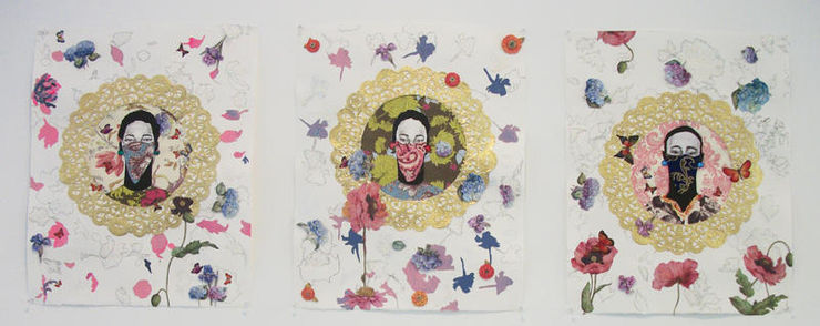 Ebony G. Patterson Untitled Studies I, II, III from the series "Of 72", 2011 embellished doilies, fabric, drawing on paper 20 x 16 in. 50.8 x 40.64 cm