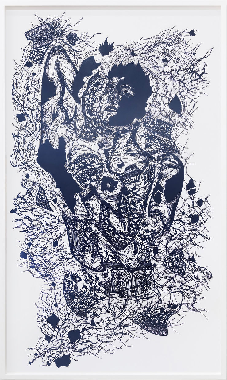 Antonius-Tín Bui that a moment can be a monument, that the monumental can be this momentary, 2022 hand cut paper, ink, and paint 76 x 42 in 193 x 106.7 cm