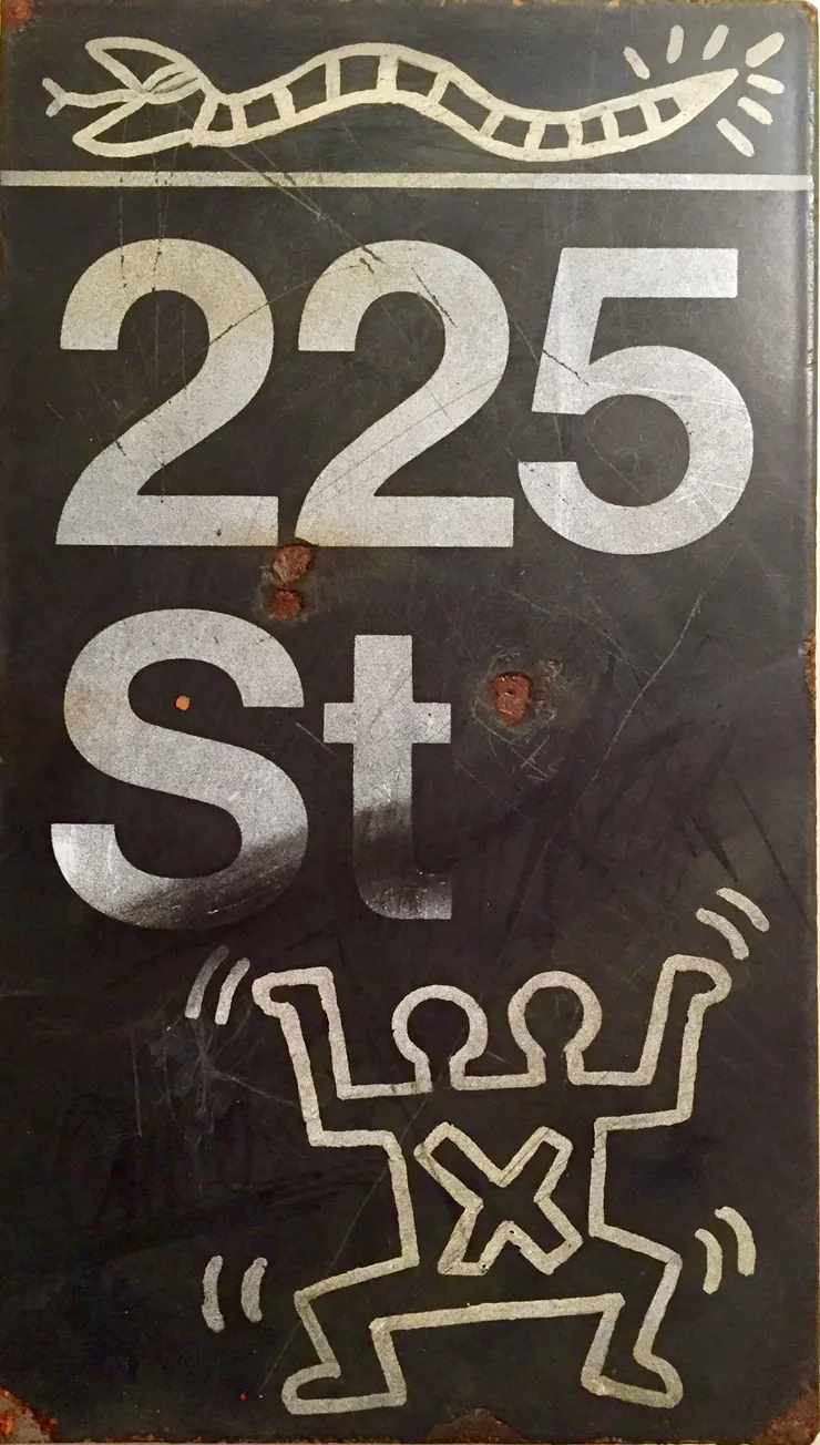 Keith Haring, 225 St. Enamel marker drawings on street sign, 1983