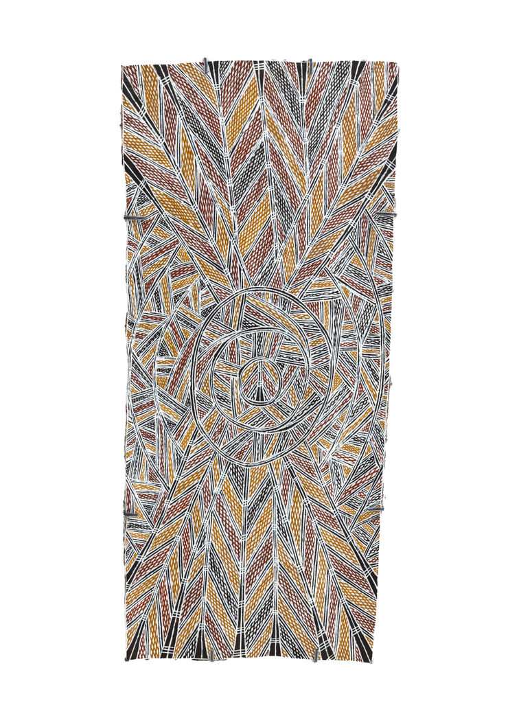 Bandarr Wirrpanda Dhuruputjpi / Lutumba, 2024 Earth pigments on Stringybark 84.5 x 39 cm