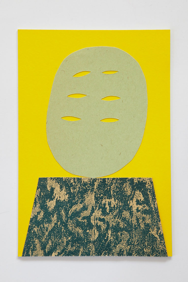 Sári Ember, Untitled (green head with eyes on stone), 2018