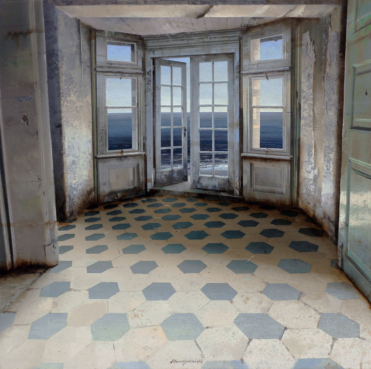 La luce dal tetto , 2019 Oil and mixed media on board 50 x 50 cm 19.7 x 19.7 in