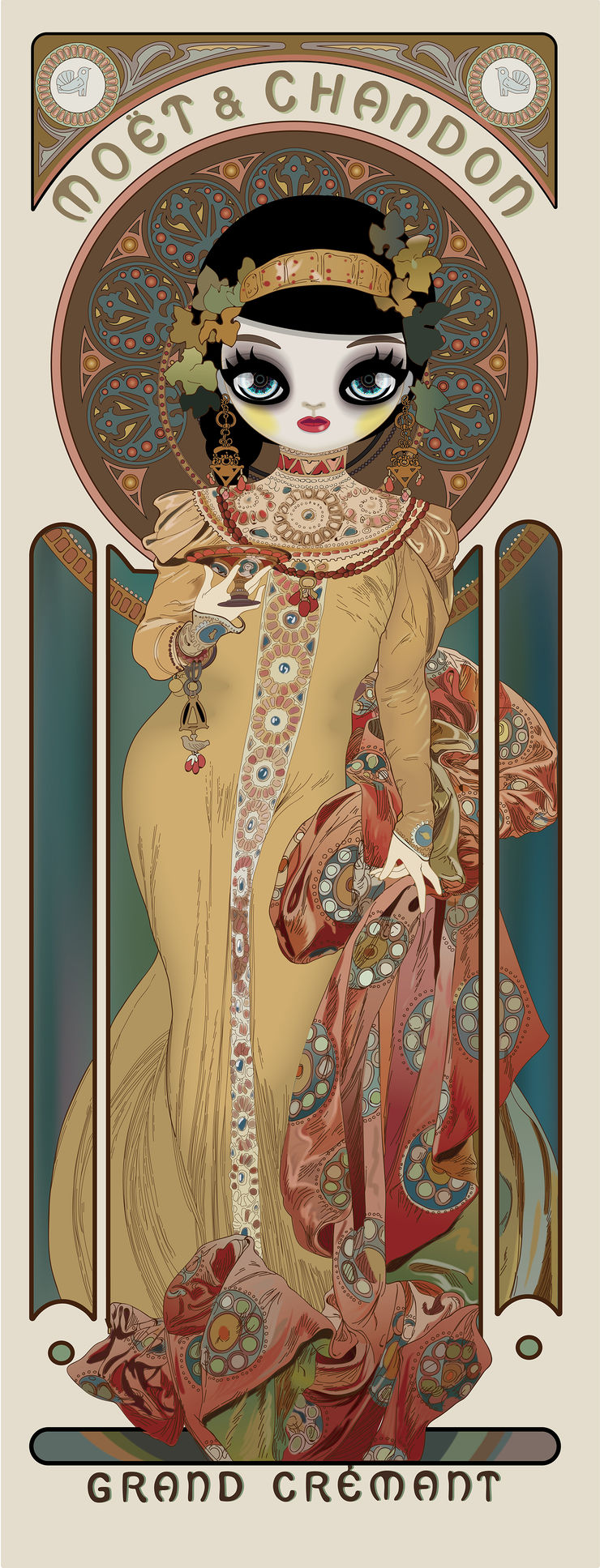 Mari Kim Moet & Chandon: Grand Cremant Imperial (homage to Alphonse Mucha, 2018 Acrylic on ultrachrome ink printed paper 160 x 61.2 cm 63 x 24.1 in