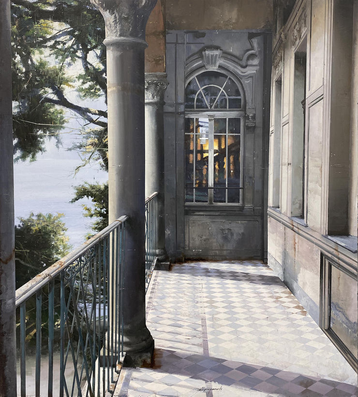 Alba al lago, 2020 Oil and mixed media on board 120 x 110 cm 47.2 x 43.3 in