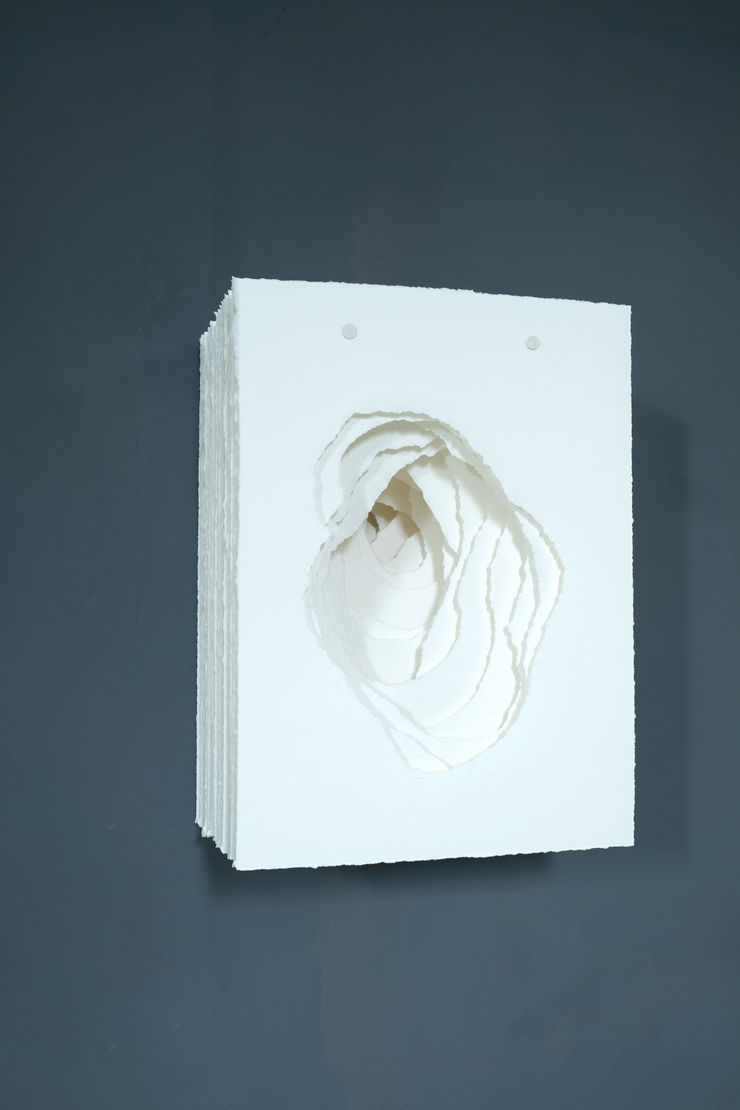 Angela Glajcar Terforation 2022-067, 2022 Paper 200g, torn, metal and plastic mount 38 x 28 x 18 cm 15 x 11 x 7 in