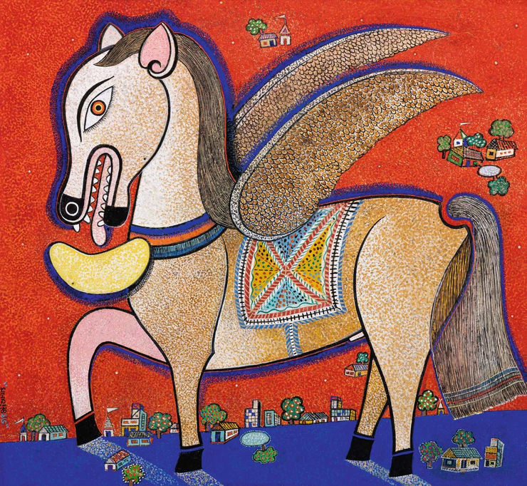 Manoj Dutta Horse and Moon, 2016 Tempera on Board 30" x 33"
