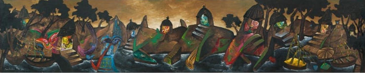 Manu Parekh Banaras at Dawn (Triptych), 2005 Acrylic on Masonite Board 36 x 180 in. 91.4 x 457.2 cm