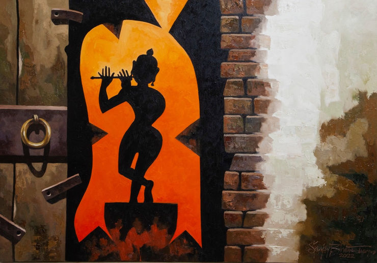 Sanjay Bhattacharya Krishna through the old door, 2022 Oil on Canvas 42" x 60" 106cm x 152cm