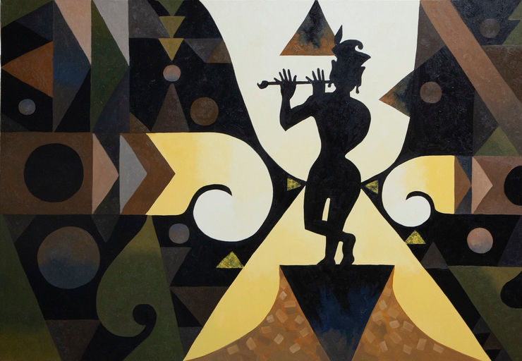 Sanjay Bhattacharya Krishna within the tunes of flute, 2022 Oil on Canvas 42" x 60" 106cm x 152cm