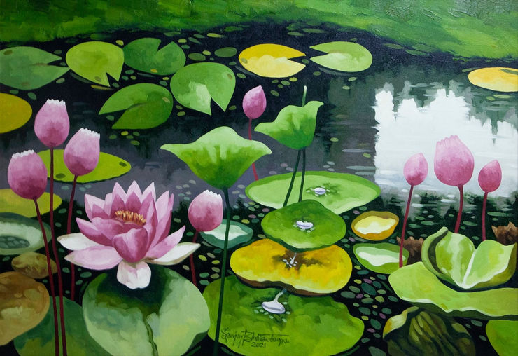 Sanjay Bhattacharya Lotus Pond, 2021 Oil on Canvas 42" x 60" 106cm x 152cm