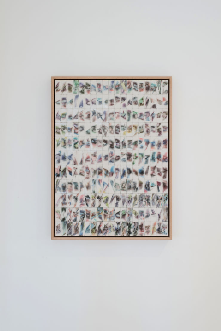 Sophie Hing Yee Cheung Erasing News: Komorebi for Gagarin, 2024 UK newsprint ink on erasers 60 x 43.5 cm 63 x 46.8 cm framed