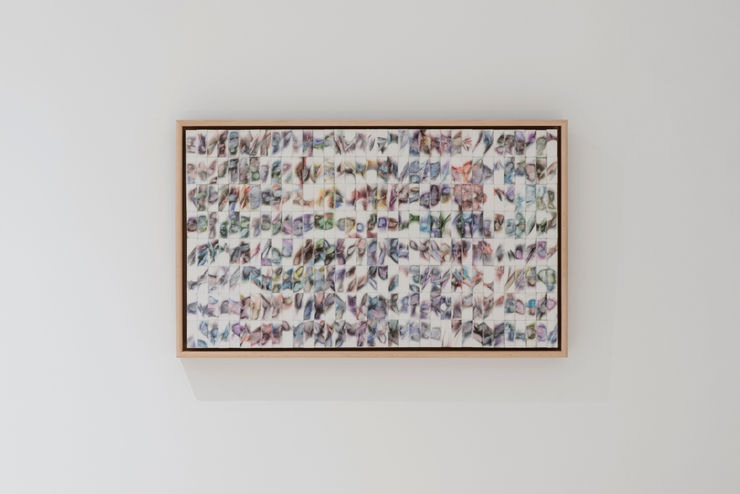 Sophie Hing Yee Cheung Erasing News: While the Stumps Mutated into Cancer Cells, 2024 UK newsprint ink on erasers 34 x 58 cm 37.2 x 61.3 cm framed