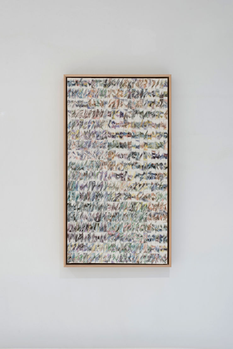 Sophie Hing Yee Cheung Erasing News: If the Grass is Grounded Itself as Whirling Fluid, 2024 UK newsprint ink on erasers 77 x 41.3 cm 80 x 44.8 cm framed