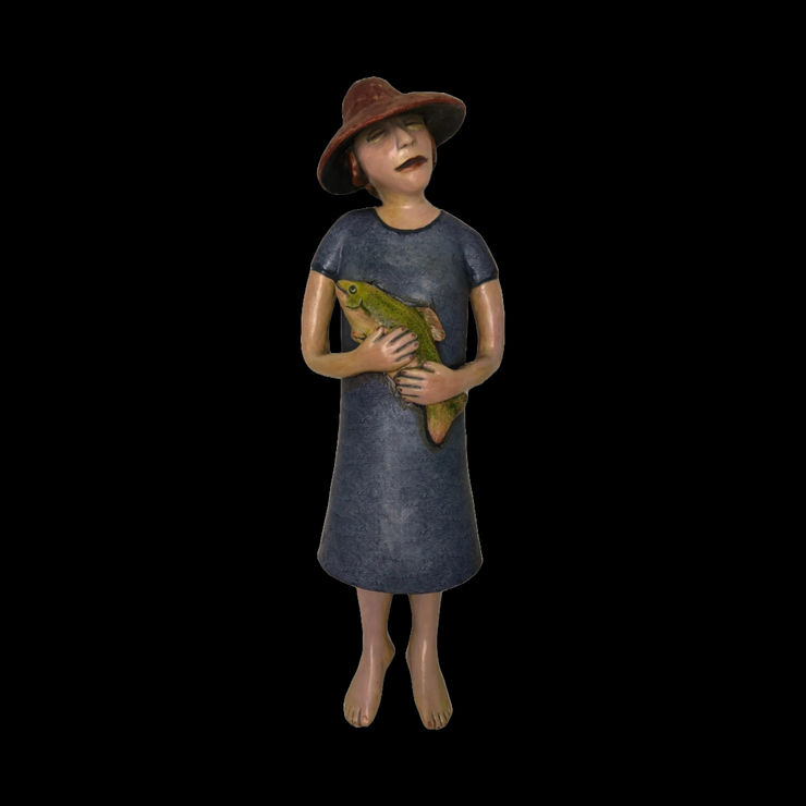 Ceramic sculpture of a woman holding a fish by Fringe Gallery artist Julie McNair