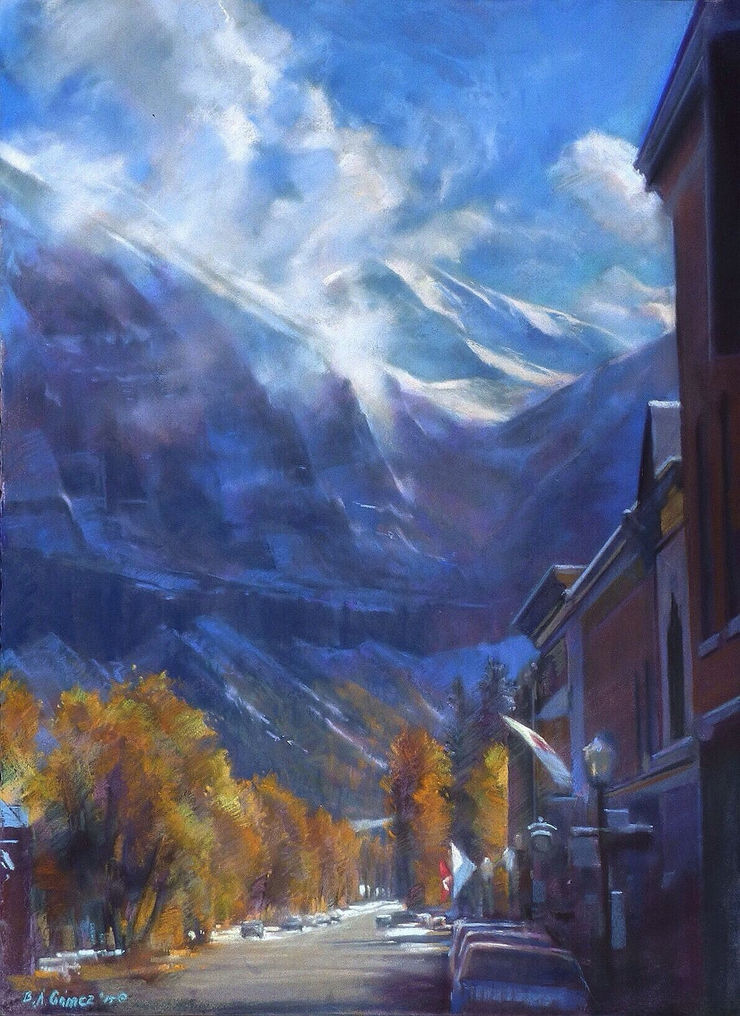 Pastel painting of a snowy ajax peak from main street in telluride colorado by slate gray gallery artist Bruce A Gomez
