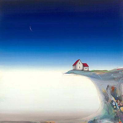 An oil painting of a house on an abstract landscape by slate gray gallery artist Marketa Sivek