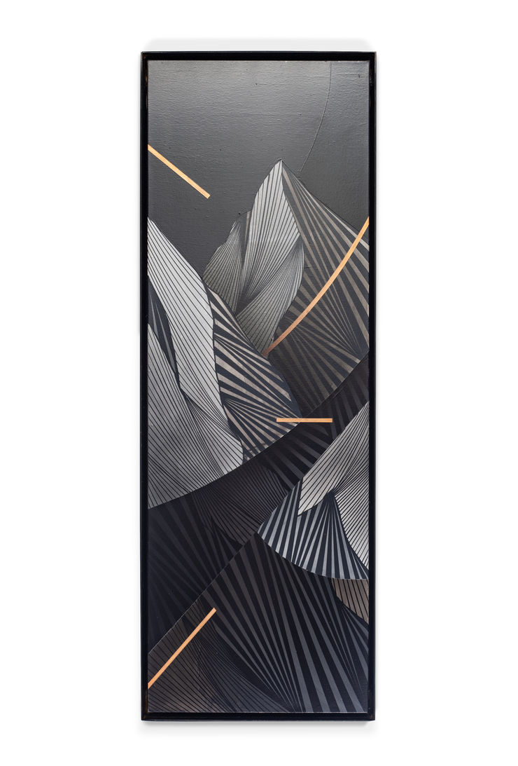 Forest Fire Charcoal, Sumi Ink, and Acrylic on Canvas painting of geometric mountains by Slate Gray Gallery Joesph Toney