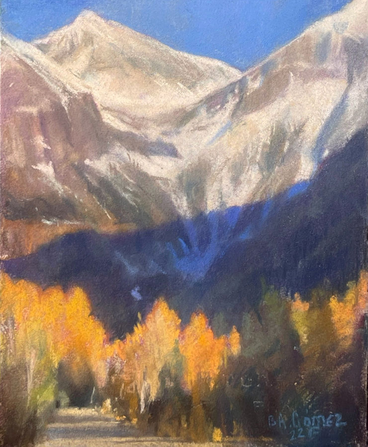 A pastel painting of Ajax peak in Telluride colorado view from main street with yellow trees by fringe gallery artist Bruce A. Gomez