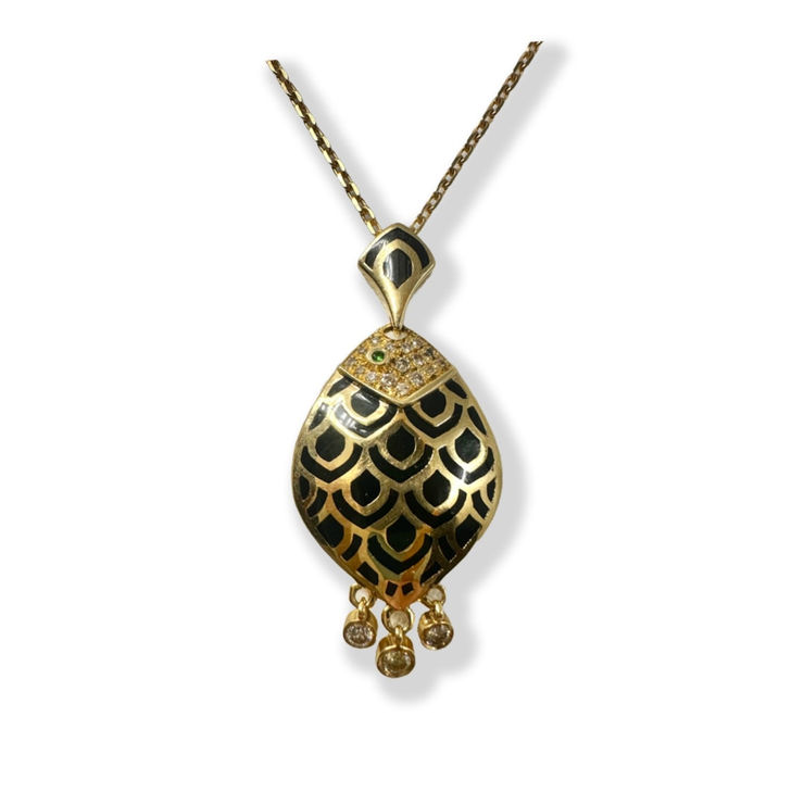 Brown Diamond and Black enamel fish necklace by slate gray gallery studio jeweler nayla arida