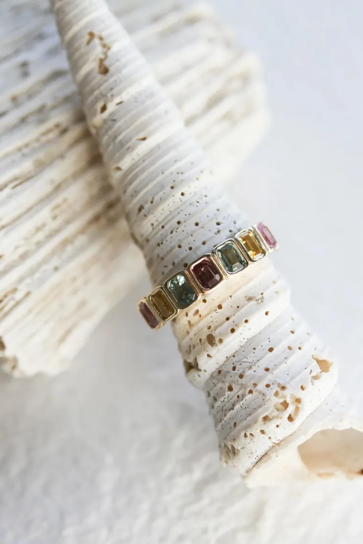 Seven Point Emerald Cut Multi Sapphire Ring