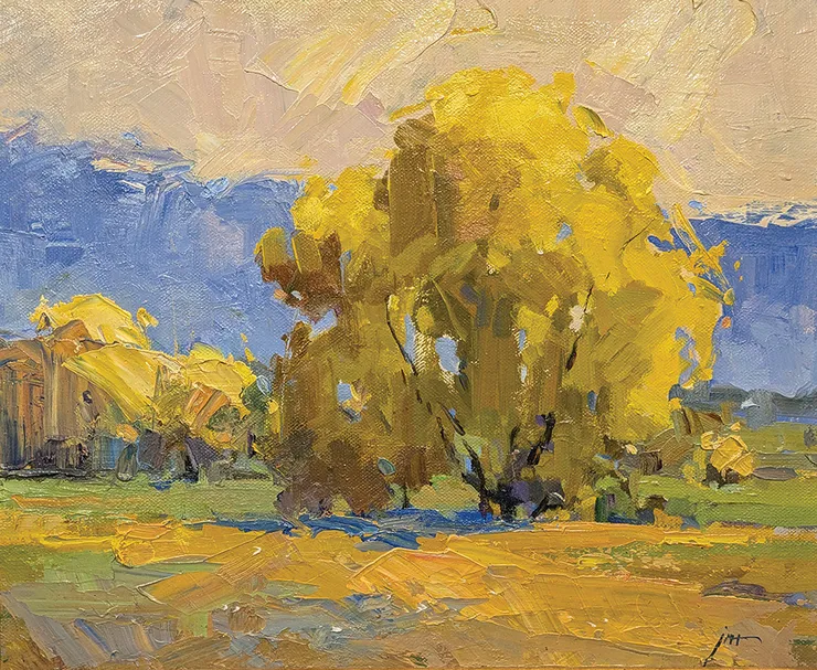 Oil on linen painting of a tree yellowing by slate gray gallery artist Julee Hutchison