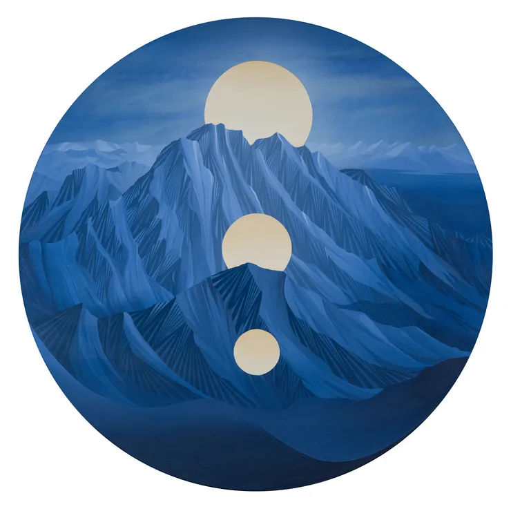 Circular painting of Vestal Peak showing gradiants of blue with a full moon reflection