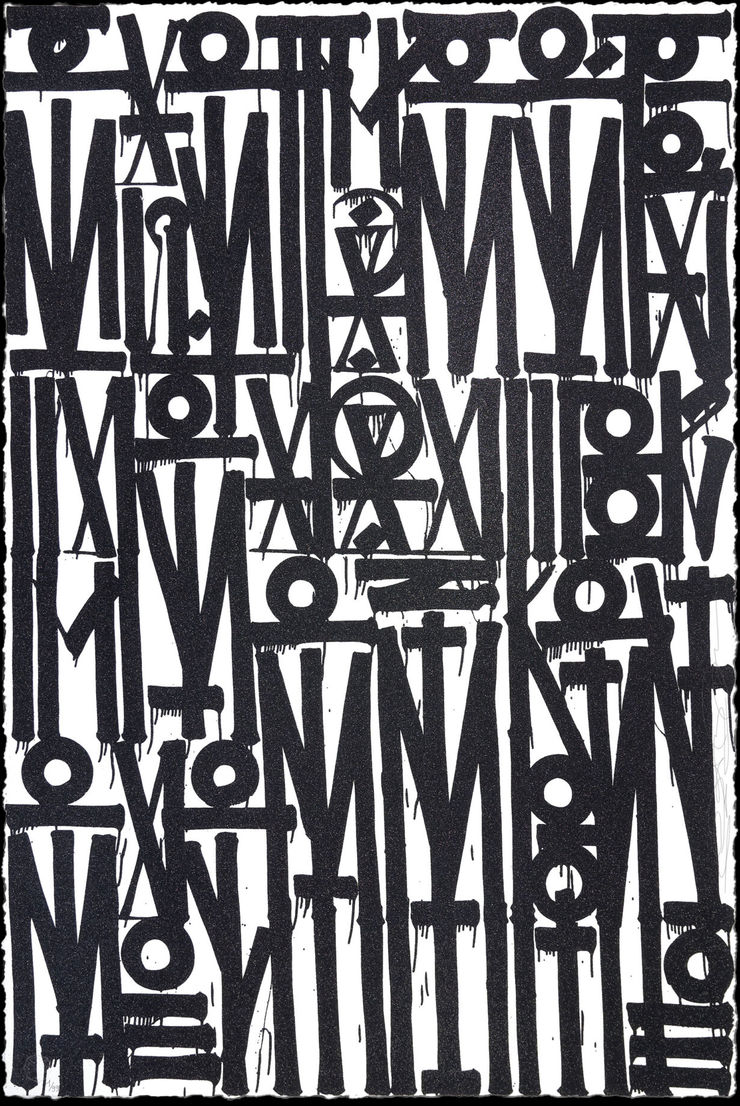 Retna print with white background and black diamond dust calligraphy