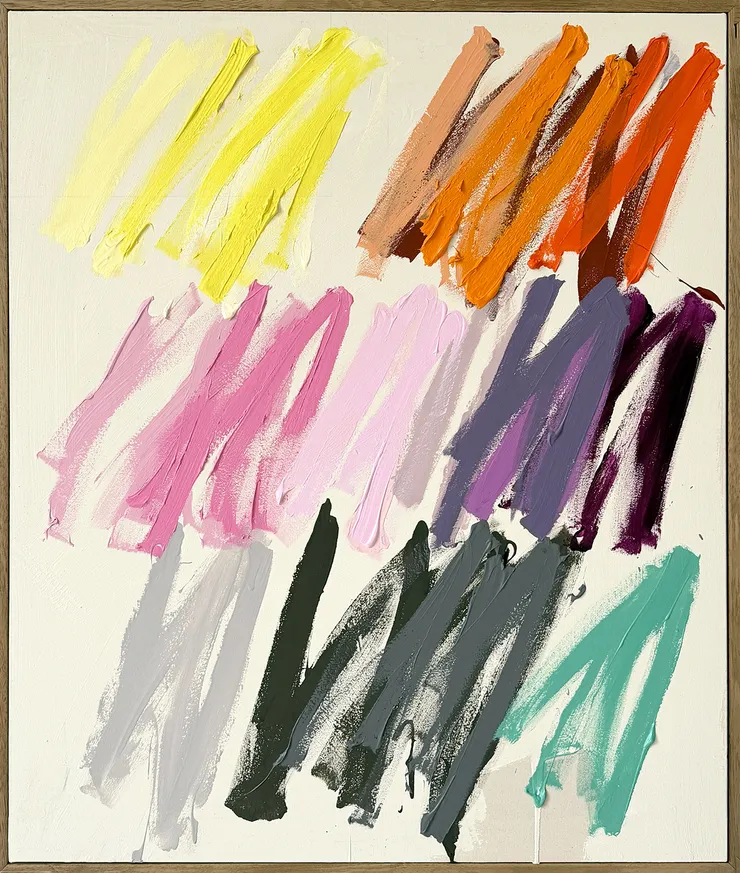 Christina Gschwantner “At Ease” abstract painting featuring rows of broad brushstrokes in yellow, orange, pink, purple, grey, green, and turquoise on a white background, emphasizing gestural mark-making, color grouping, and textured paint application.