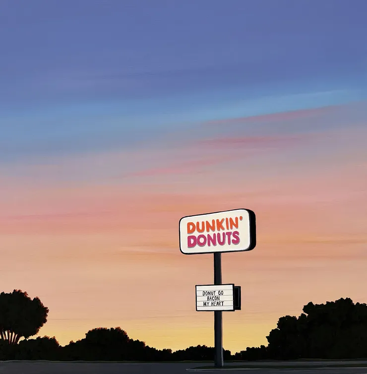 Kristin Moore Dunkin Donuts Sunrise painting featuring a roadside Dunkin Donuts sign against a soft gradient sunrise sky with pink, orange, and blue tones and silhouetted trees.
