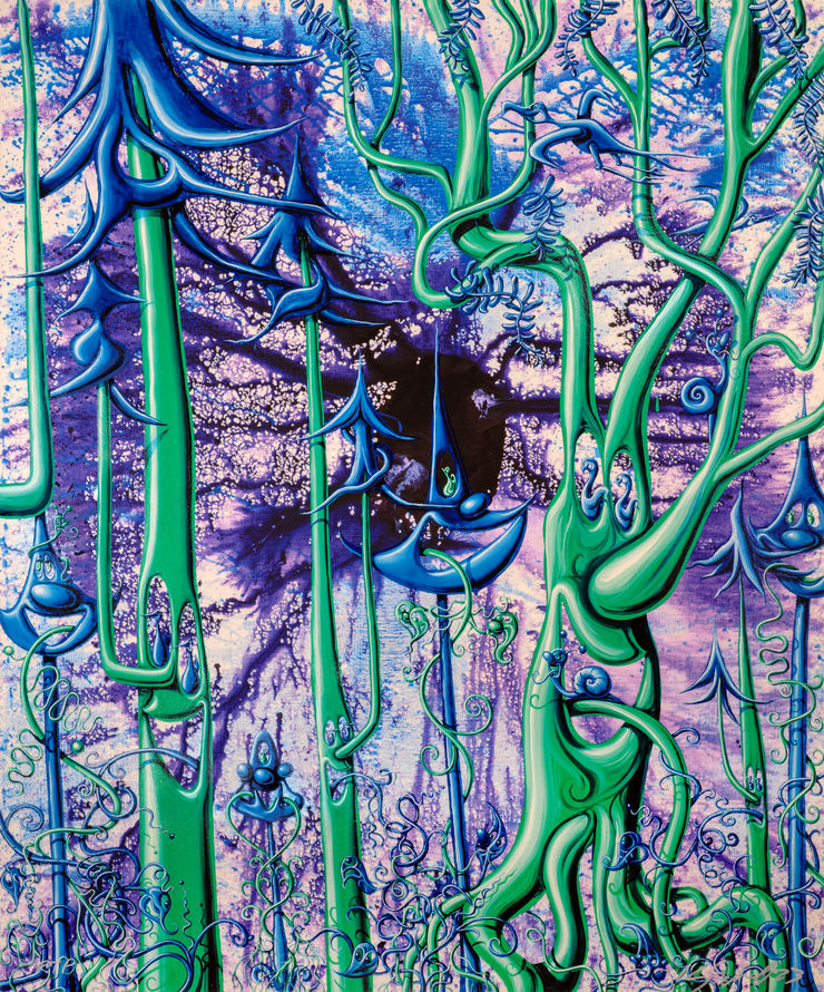 Kenny Scharf Woodz, 2023 Archival pigment ink print with silkscreened high gloss varnish and diamond dust on Innova Etching Cotton Rag 315 gsm fine art paper 51 x 42 in 129.5 x 106.7 cm Edition of 40