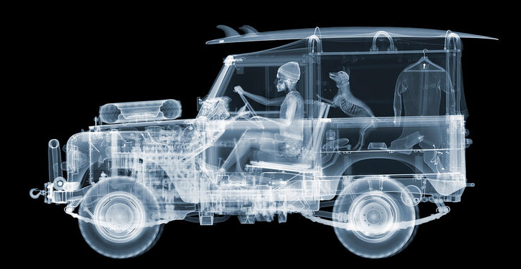 Nick Veasey Land Rover Surf's Up Framed Chromaluxe print 24 x 47 inches - Limited Edition of 25 36.5 x 71 inches - Limited Edition of 15 47 x 90.5 inches - LImited Edition of 9