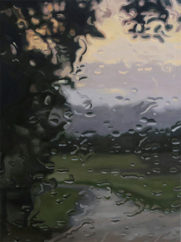 Gregory Thielker windshield painting of a field during sunset after rain
