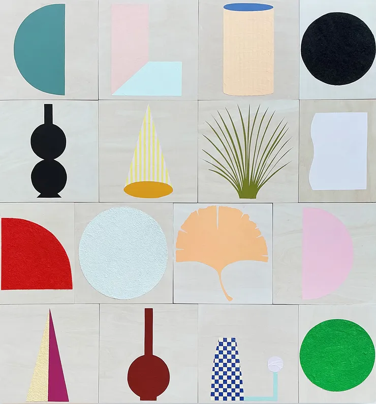 Cameron Ritcher “Vernacular 61” abstract grid painting featuring multiple panels with geometric shapes in muted and bright colors, including circles, semicircles, cones, and plant-like forms on a neutral background.