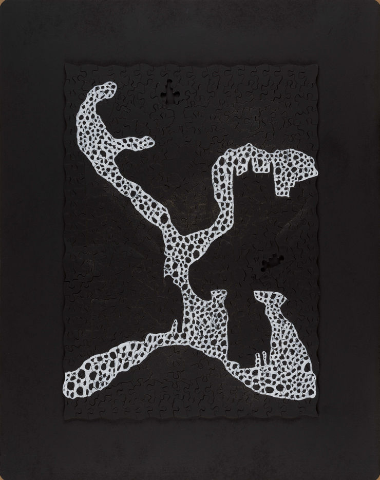 Can you imagine? | 2020 China ink, marker and posca on hausehold and retrieved wood puzzles 60.8 x 48 cm - 23.9 x 18.9 inch