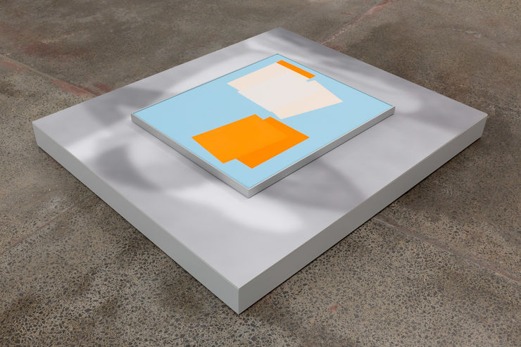 Ella Sutherland Still Life with Back Issues IV, 2023 Acrylic on canvas, aluminium frame, pigment print, lacquered wood plinth 82 x 67 cm painting; 15 x 140 x 120 cm overall