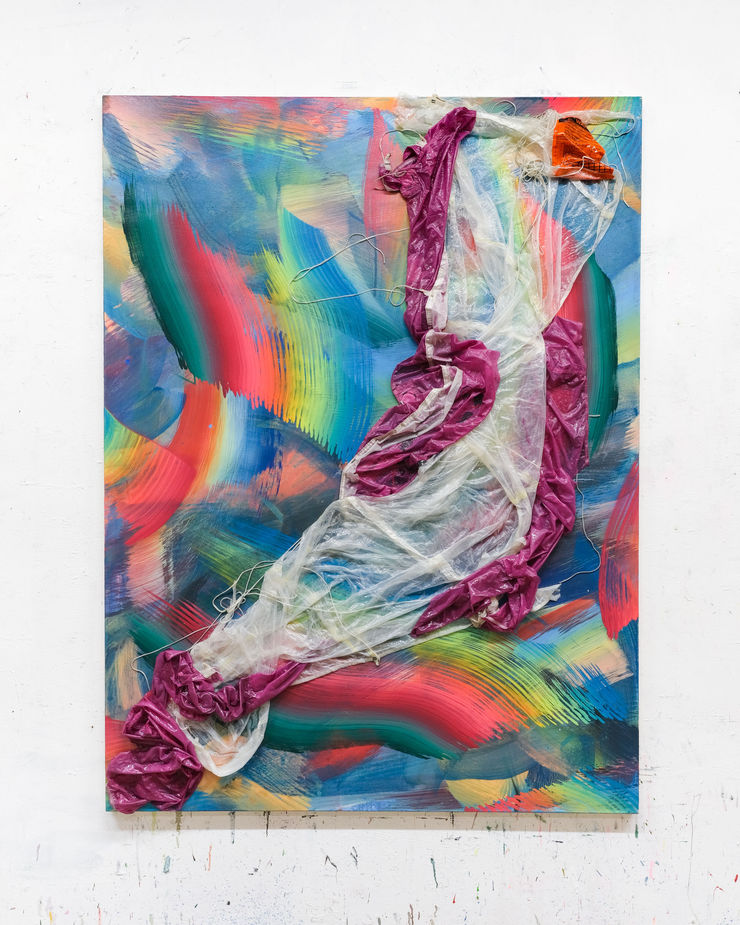 WOLF + ORNAUER o.T. (OW1), 2025 Reservefallschirm, Epoxyharz und Acryl auf Leinwand 200 x 150 cm