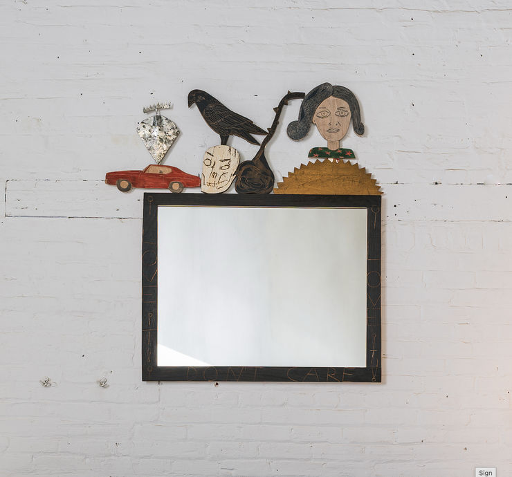'I Don't Care' Mirror Cherry frame, tin, and reclaimed wood 34 x 26 inch mirror 39 x 49 inches total