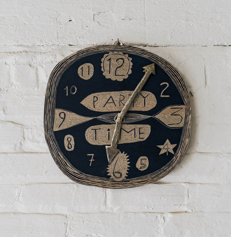 Party Time Clock Midnight blue maple, hand carving, and hammered silver 14 inch diameter